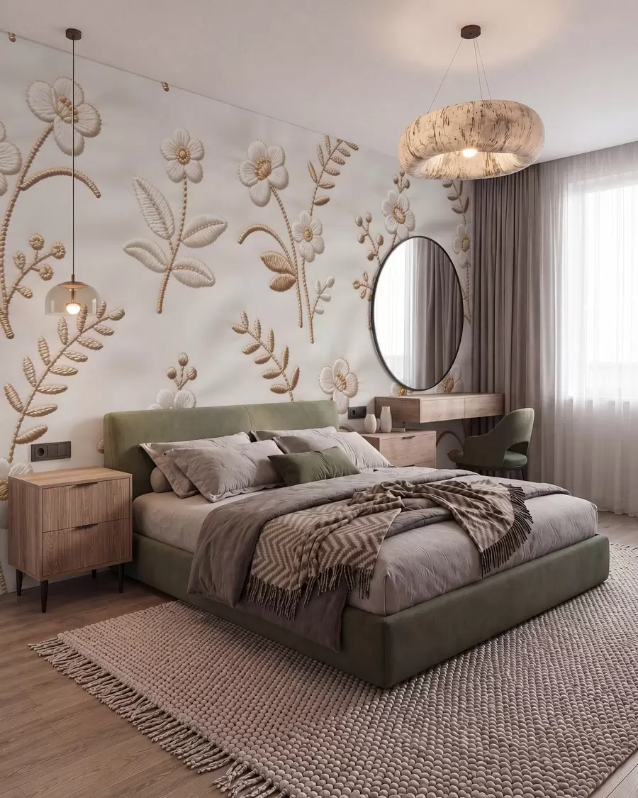 wall murals Imitation embroidery floral pattern with yellow thread on fabric w09953