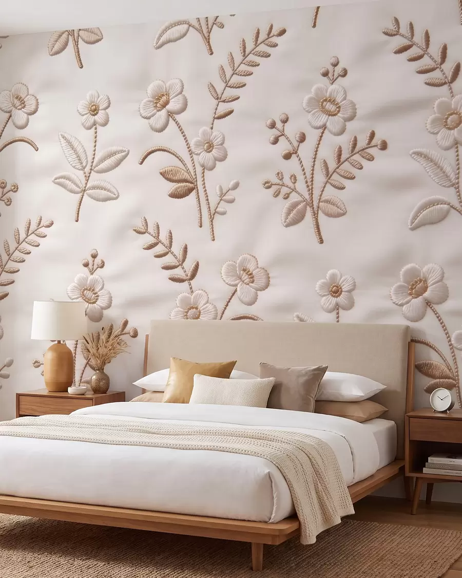 wall murals Imitation embroidery floral pattern with yellow thread on fabric w09953
