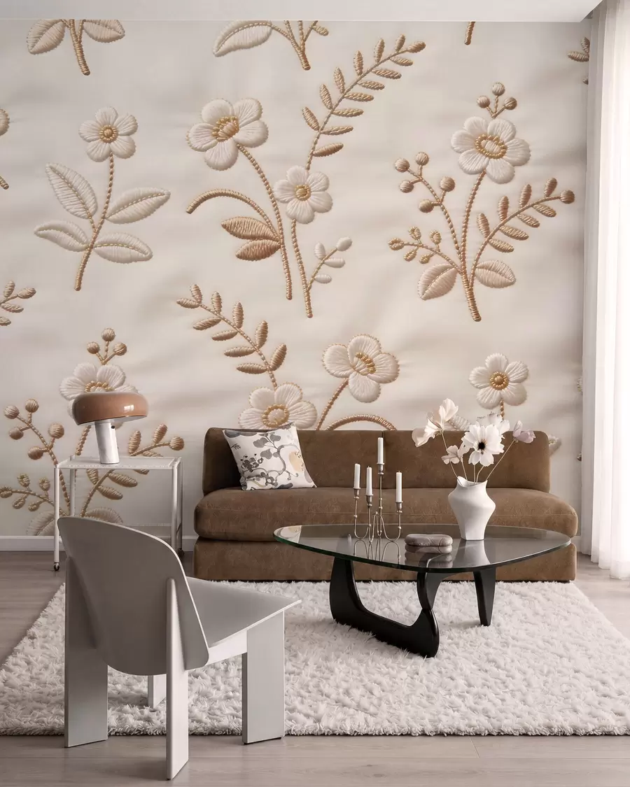 wall murals Imitation embroidery floral pattern with yellow thread on fabric w09953