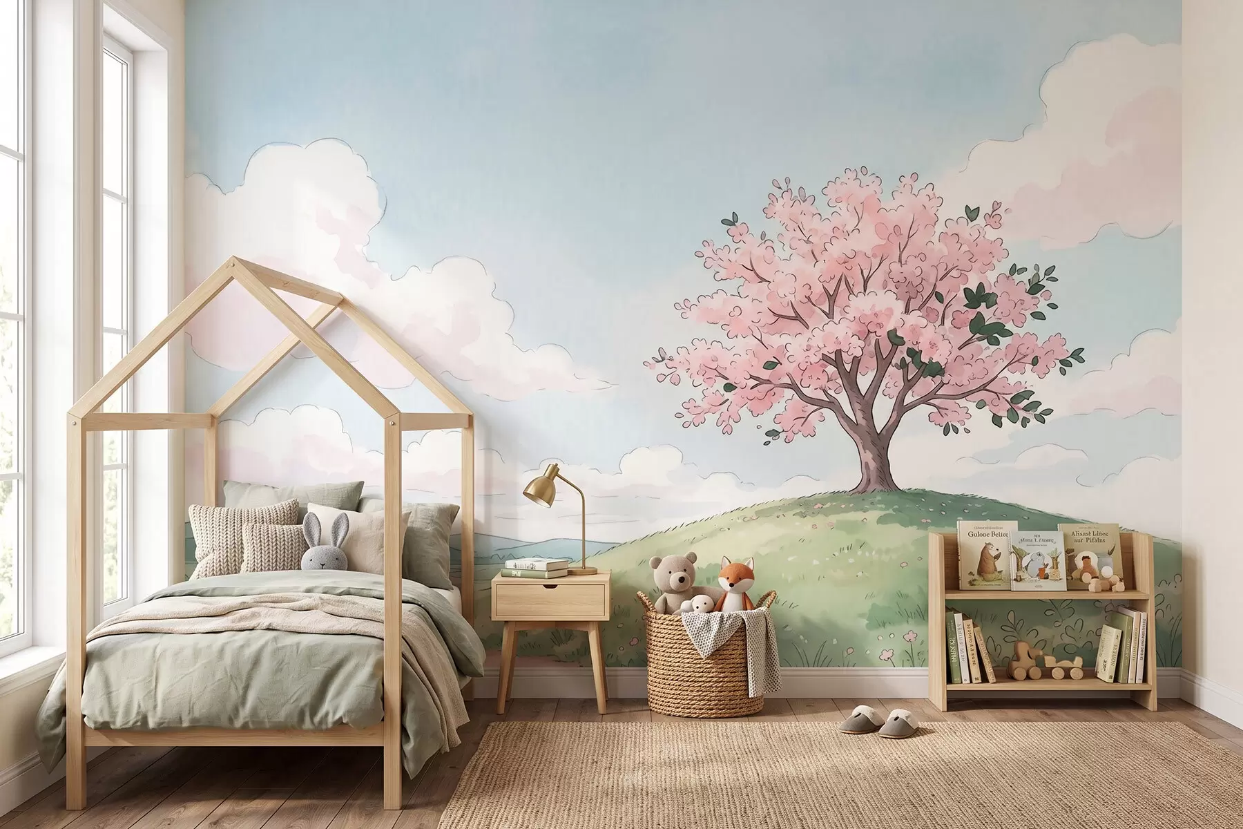 wall murals Blooming tree on green hill with distant cottage, watercolor style landscape w09954