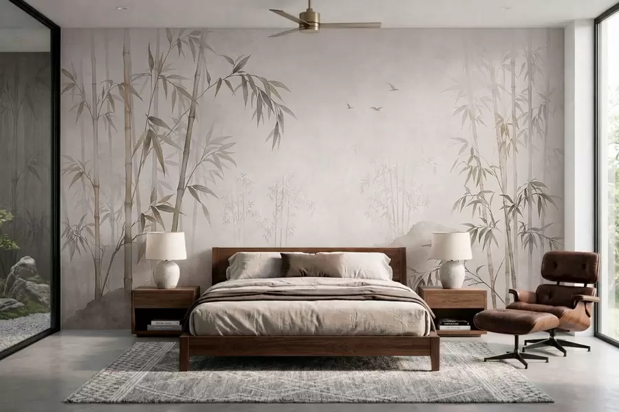 wall murals A misty bamboo grove by calm waters w05732