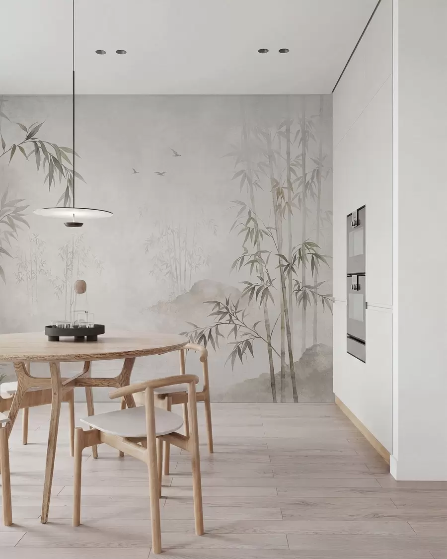 wall murals A misty bamboo grove by calm waters w05732