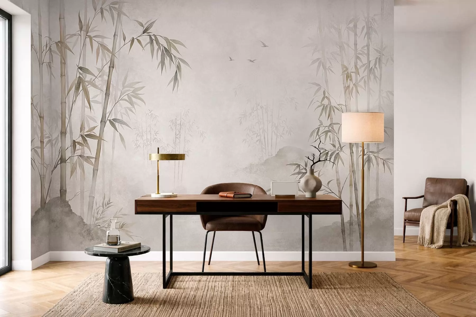 wall murals A misty bamboo grove by calm waters w05732