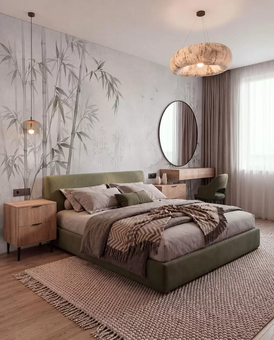 wall murals A misty monochrome bamboo grove by calm waters w05732v1