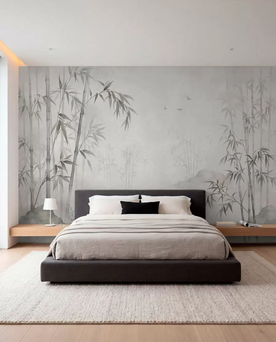 wall murals A misty monochrome bamboo grove by calm waters w05732v1