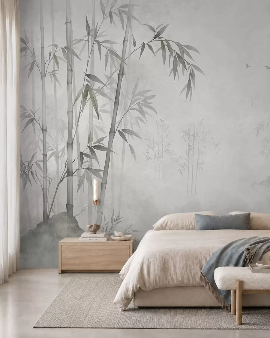 wall murals A misty monochrome bamboo grove by calm waters w05732v1