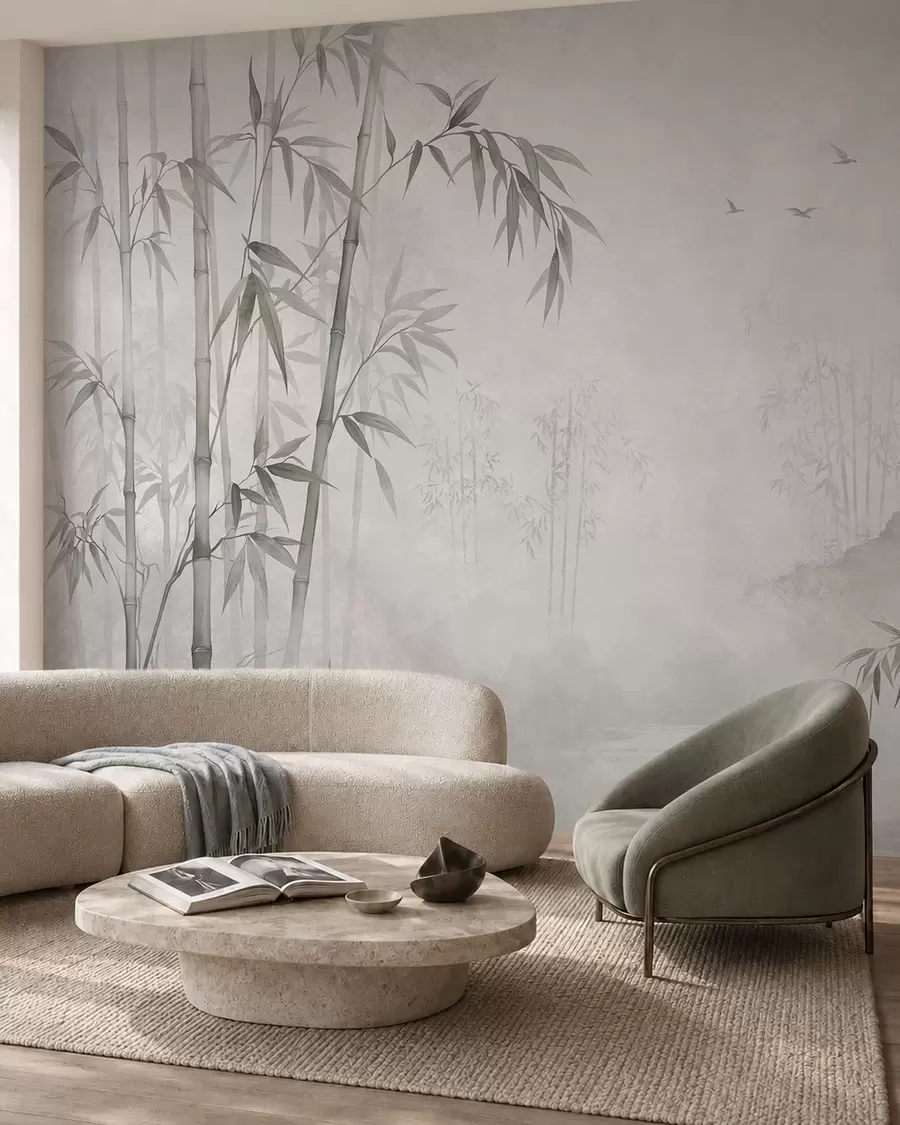 wall murals A misty monochrome bamboo grove by calm waters w05732v1