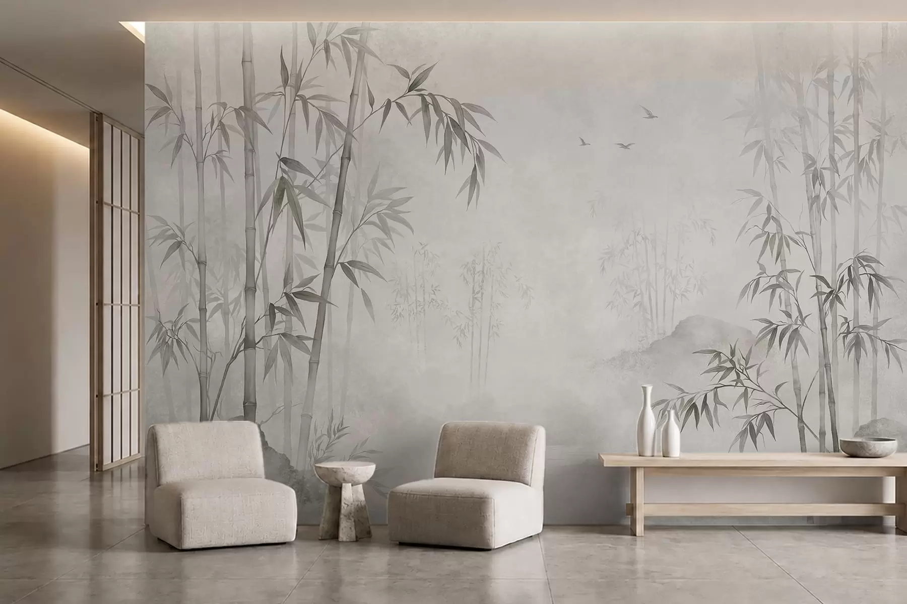 wall murals A misty monochrome bamboo grove by calm waters w05732v1