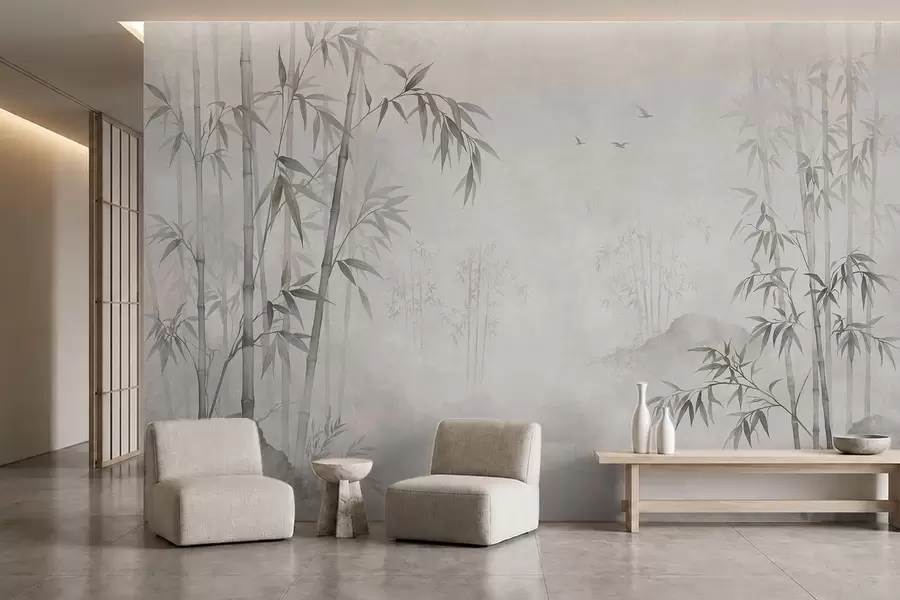 wall murals A misty monochrome bamboo grove by calm waters w05732v1