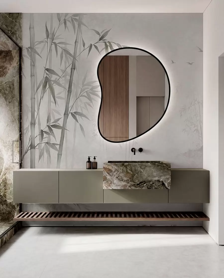 wall murals A misty monochrome bamboo grove by calm waters w05732v1
