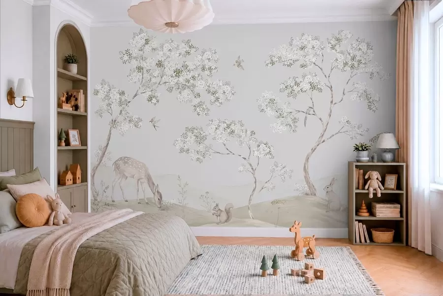 wall murals Blooming trees with a deer, a hare, and a squirrel in shades of blue w05809v1