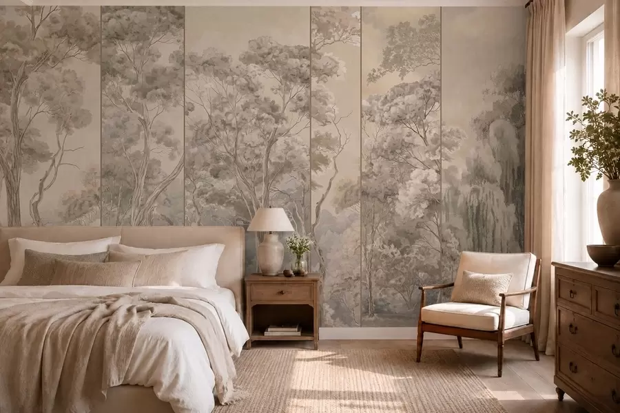 wall murals A panoramic forest with tall trees in soft, warm tones w05811