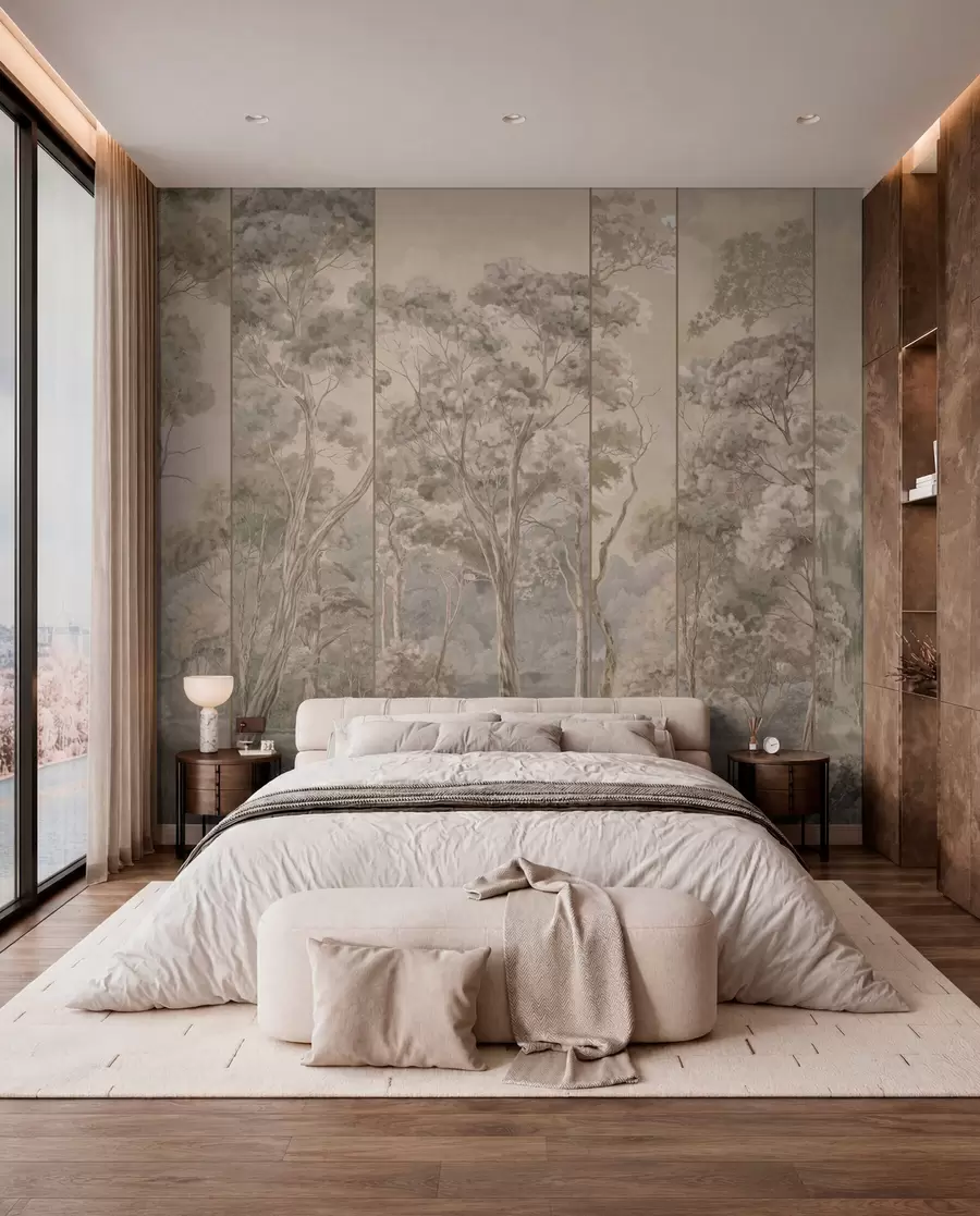 wall murals A panoramic forest with tall trees in soft, warm tones w05811