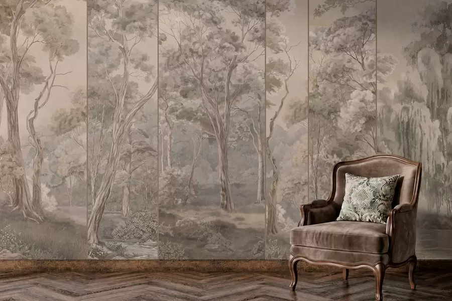 wall murals A panoramic forest with tall trees in soft, warm tones w05811