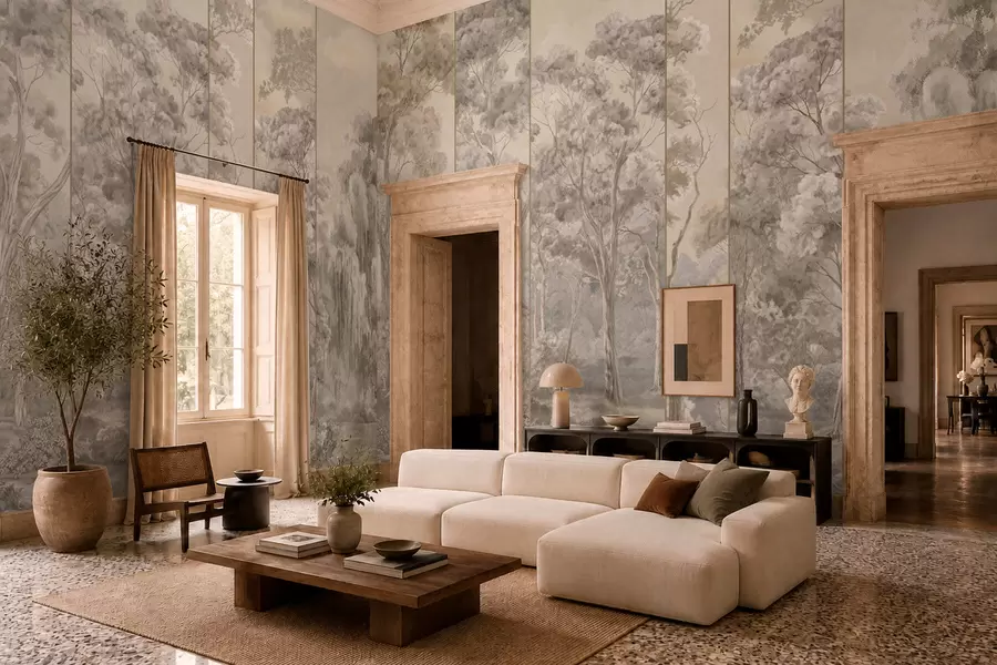 wall murals A panoramic forest with tall trees in soft, warm tones w05811