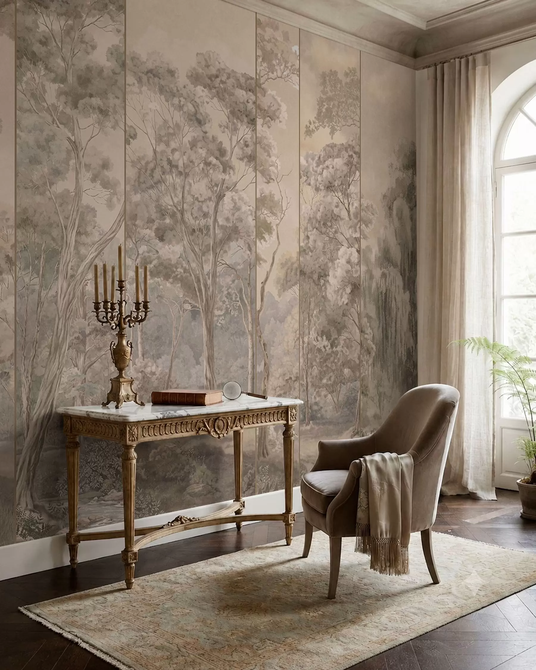 wall murals A panoramic forest with tall trees in soft, warm tones w05811