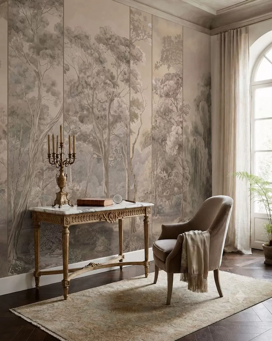 wall murals A panoramic forest with tall trees in soft, warm tones w05811