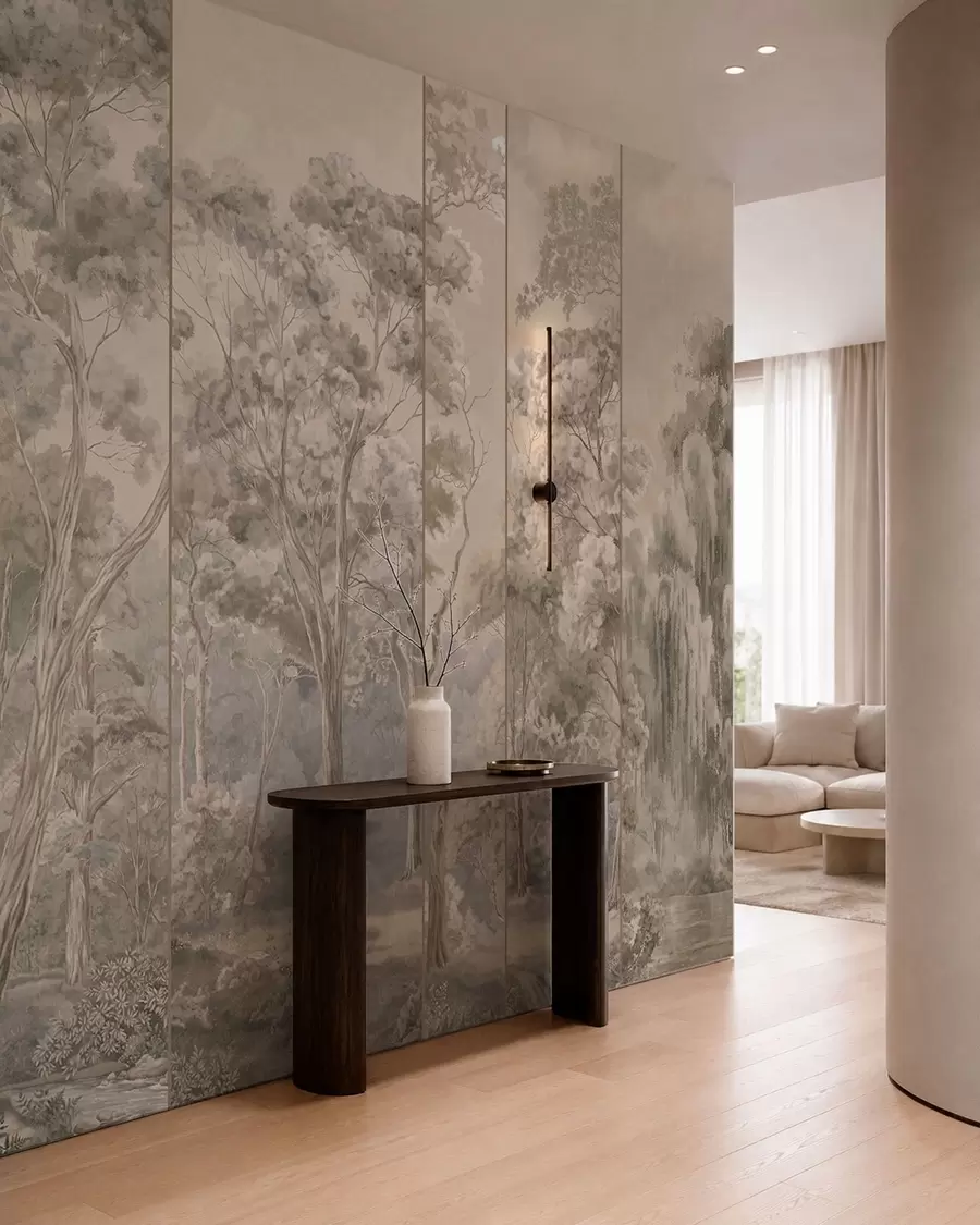 wall murals A panoramic forest with tall trees in soft, warm tones w05811