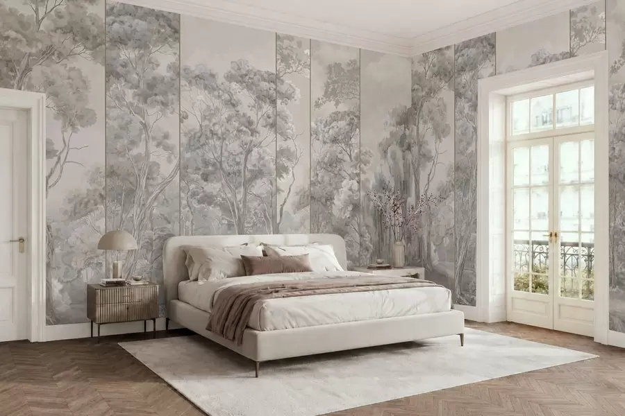 wall murals A panoramic forest with tall trees in soft, cool tones w05811v1