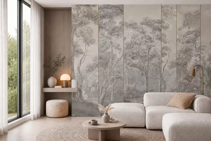 wall murals A panoramic forest with tall trees in soft, cool tones w05811v1