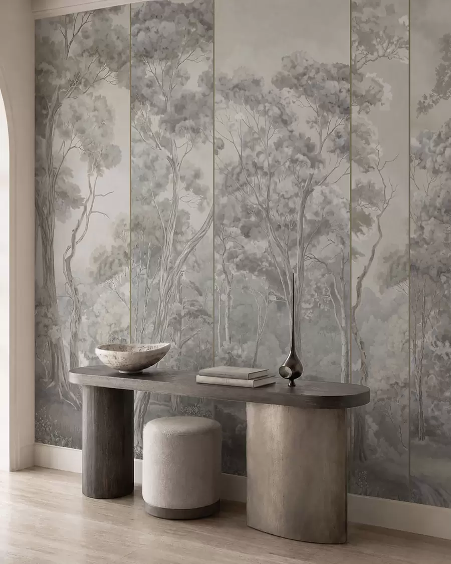 wall murals A panoramic forest with tall trees in soft, cool tones w05811v1