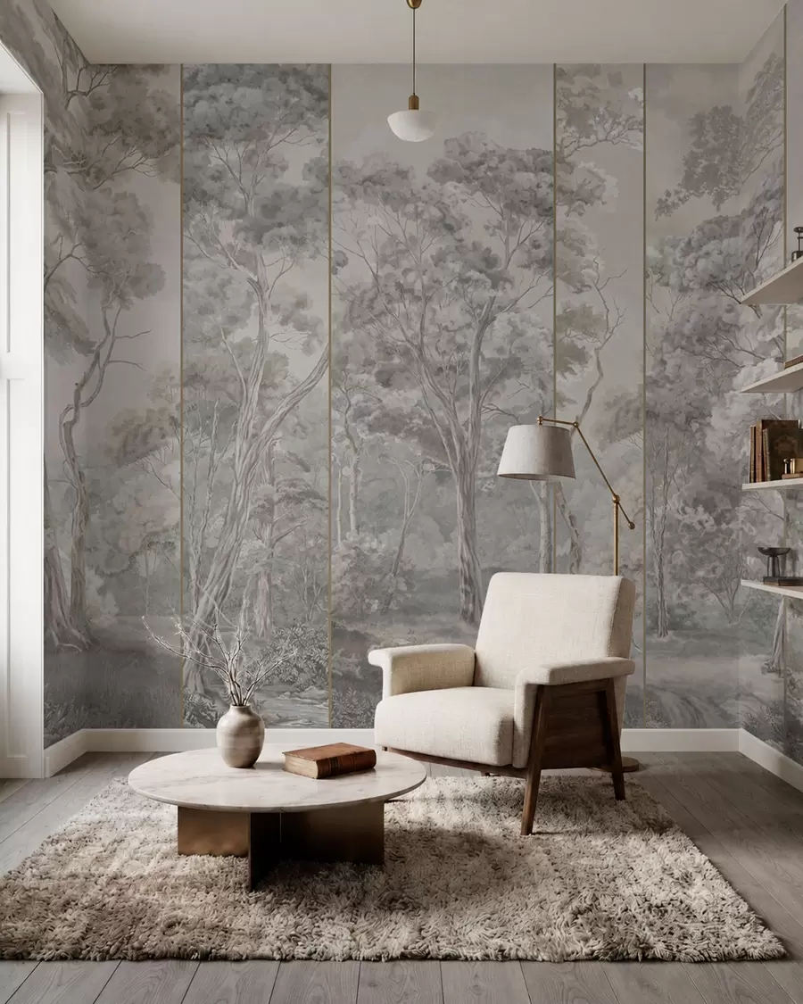 wall murals A panoramic forest with tall trees in soft, cool tones w05811v1