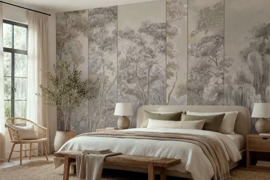 wall murals A panoramic forest with tall trees in soft tones w05811v2