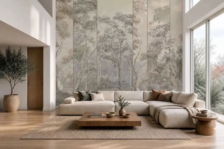 wall murals A panoramic forest with tall trees in soft tones w05811v2
