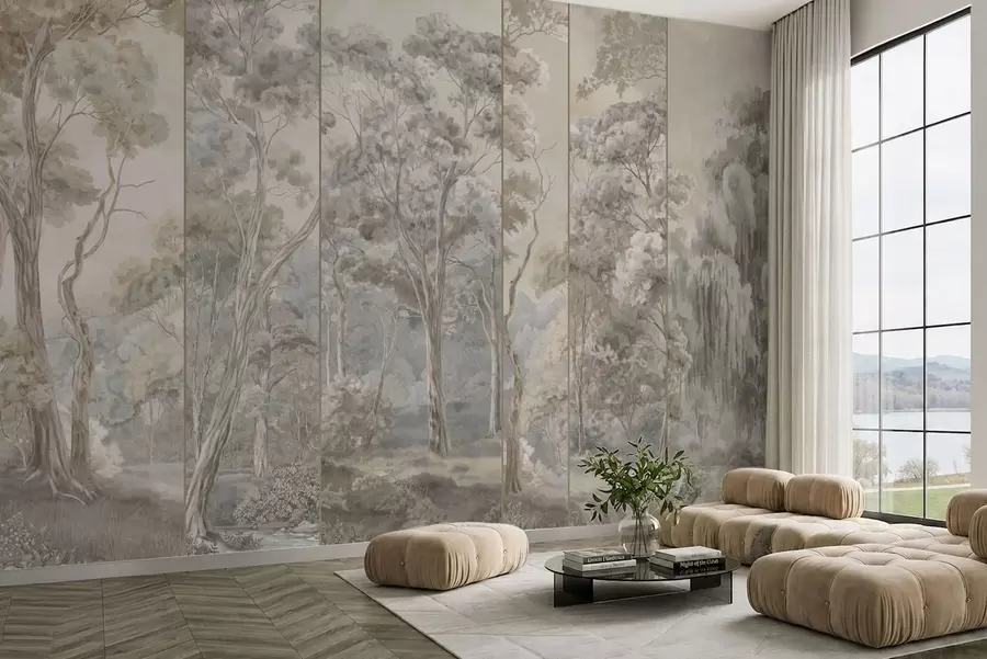 wall murals A panoramic forest with tall trees in soft tones w05811v2