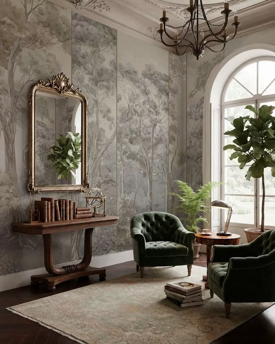 wall murals A panoramic forest with tall trees in soft tones w05811v2