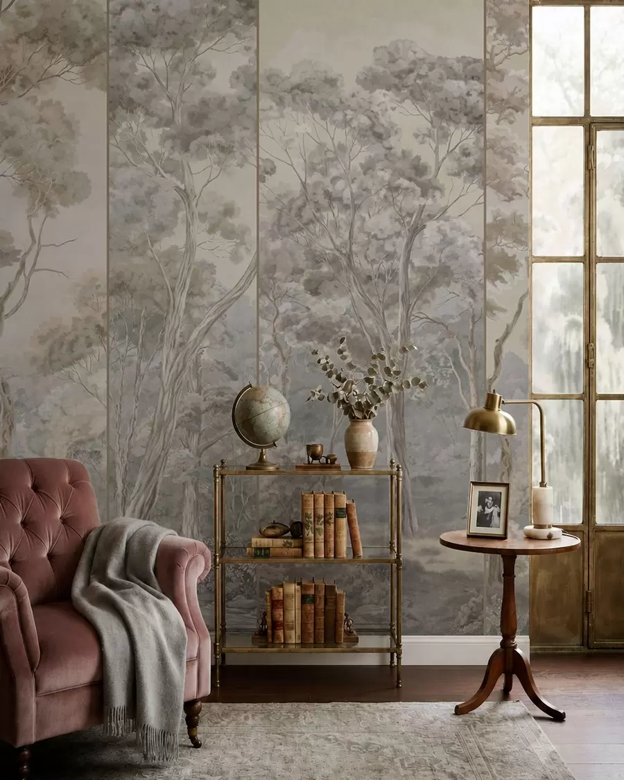wall murals A panoramic forest with tall trees in soft tones w05811v2