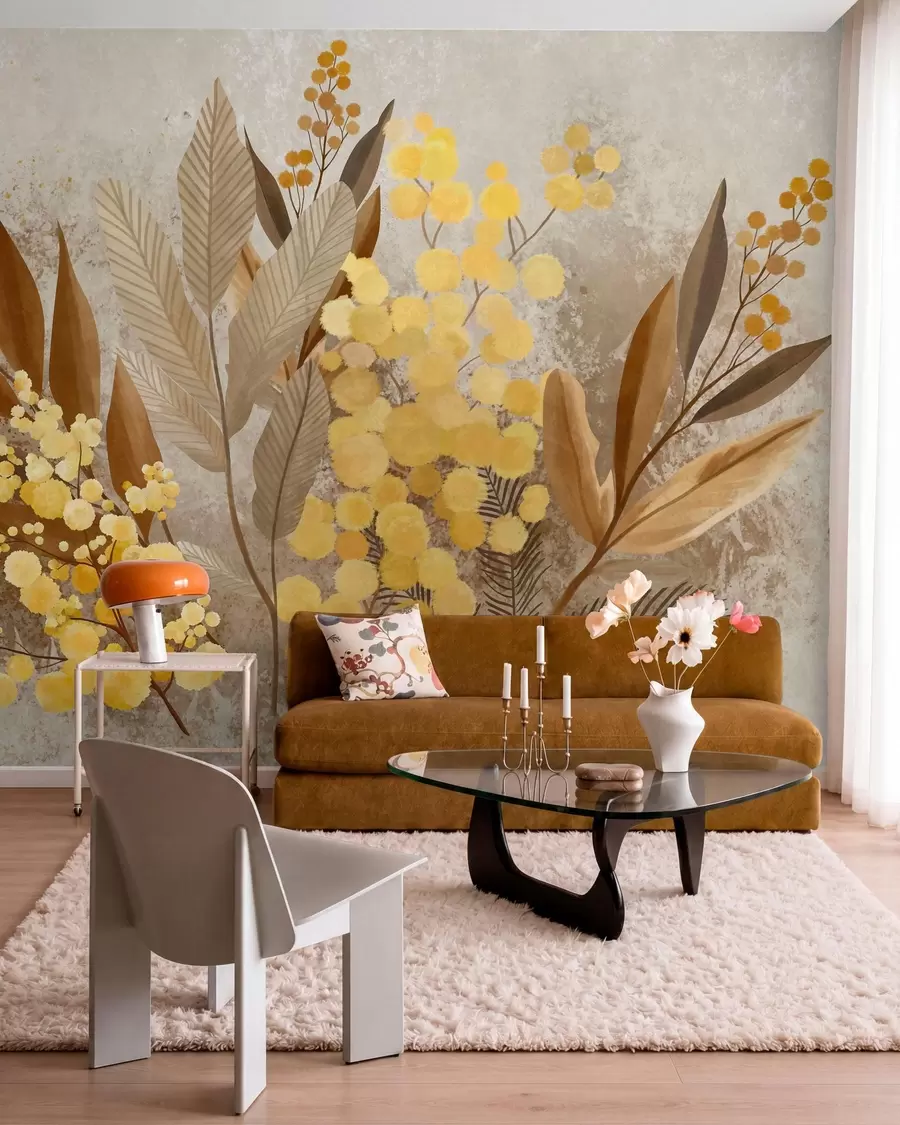 wall murals Painted mimosa branches and a herbarium in warm shades w05659