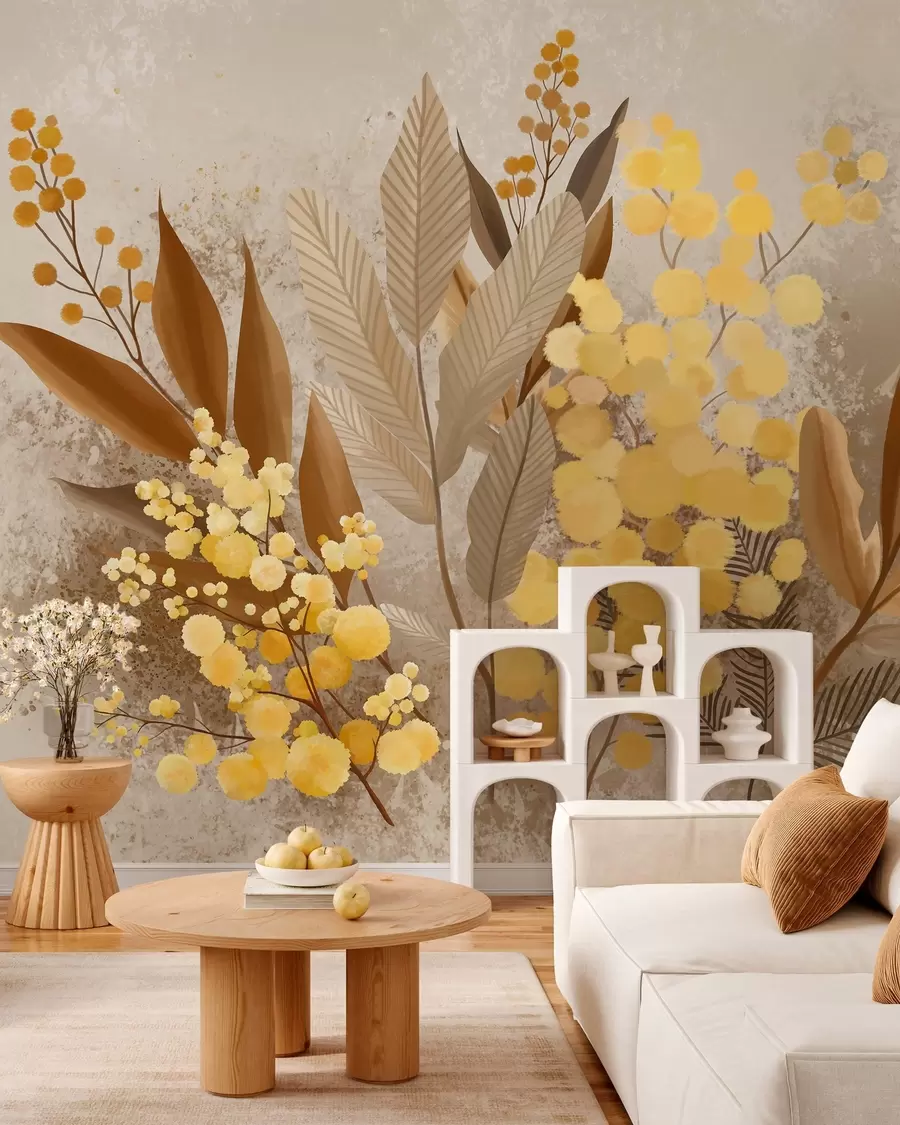 wall murals Painted mimosa branches and a herbarium in warm shades w05659