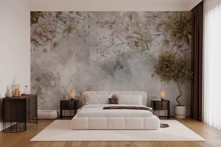 wall murals Fantasy flowers in a retro style in the image above, in shades of beige and brown w05753