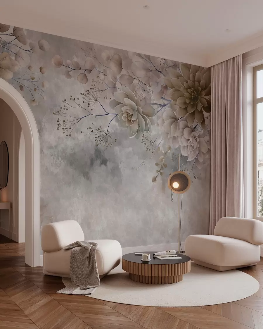 wall murals Fantasy flowers in a retro style in the image above, in shades of beige and brown w05753