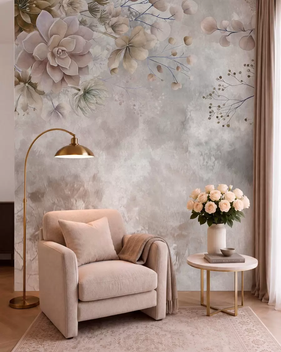 wall murals Fantasy flowers in a retro style in the image above, in shades of beige and brown w05753