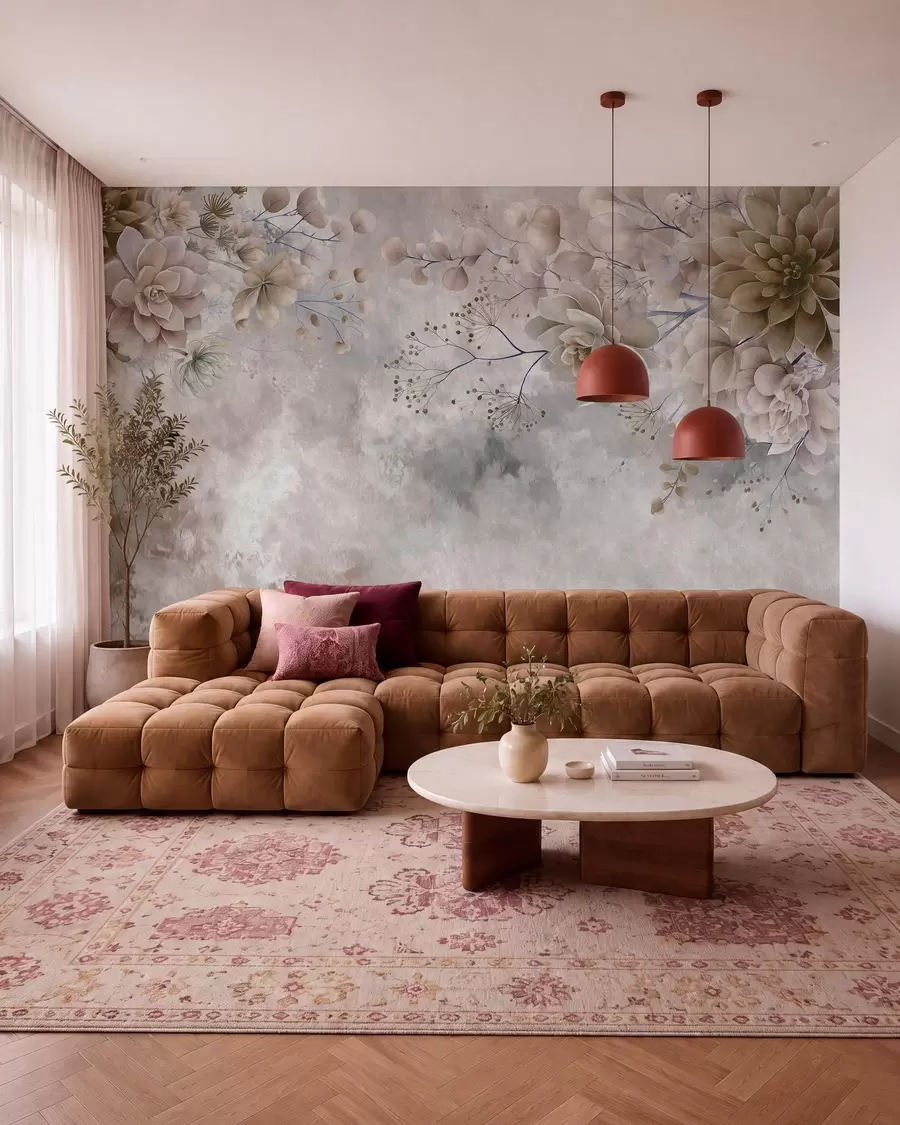 wall murals Fantasy flowers in a retro style in the image above, in shades of beige and brown w05753