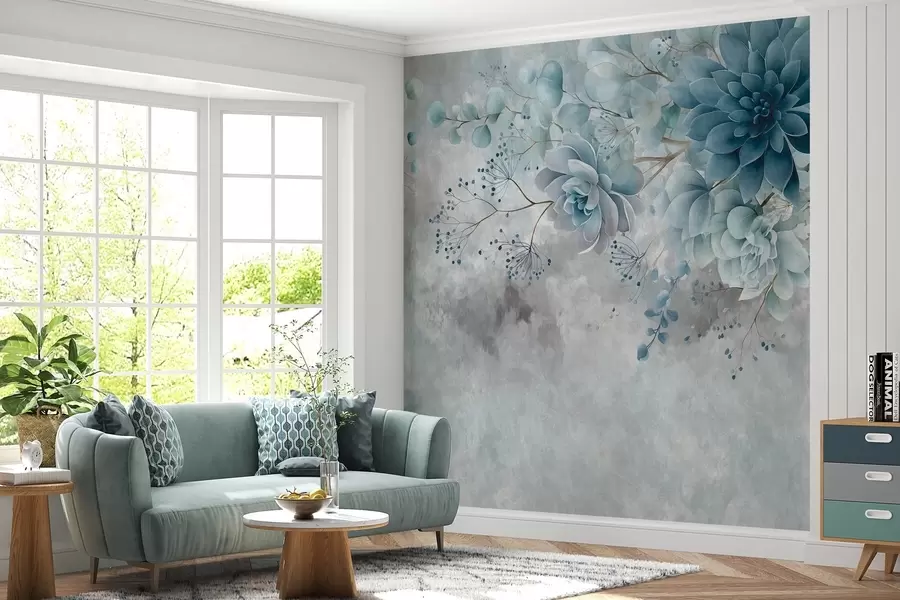 wall murals A top-down view of retro-style fantasy flowers, in shades of blue and turquoise w05753v1