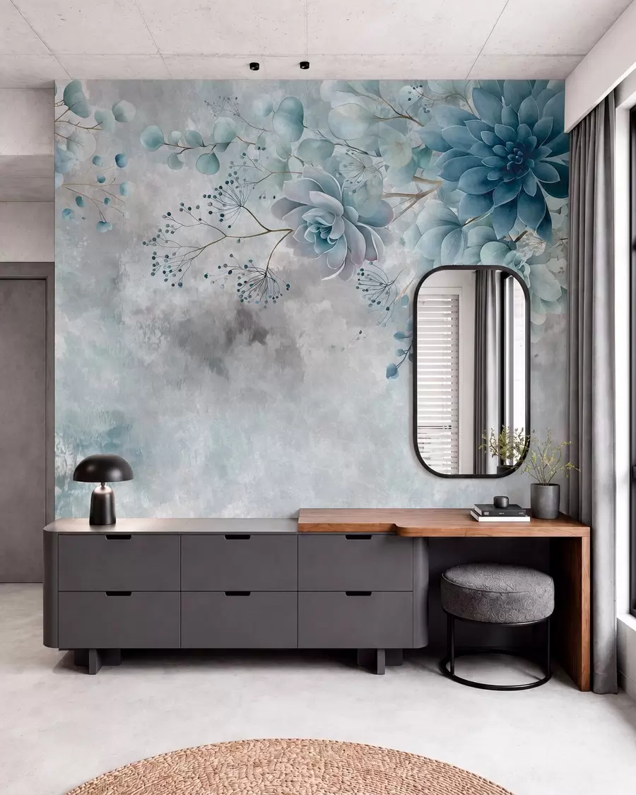wall murals A top-down view of retro-style fantasy flowers, in shades of blue and turquoise w05753v1