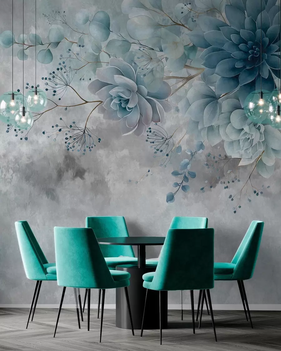 wall murals A top-down view of retro-style fantasy flowers, in shades of blue and turquoise w05753v1