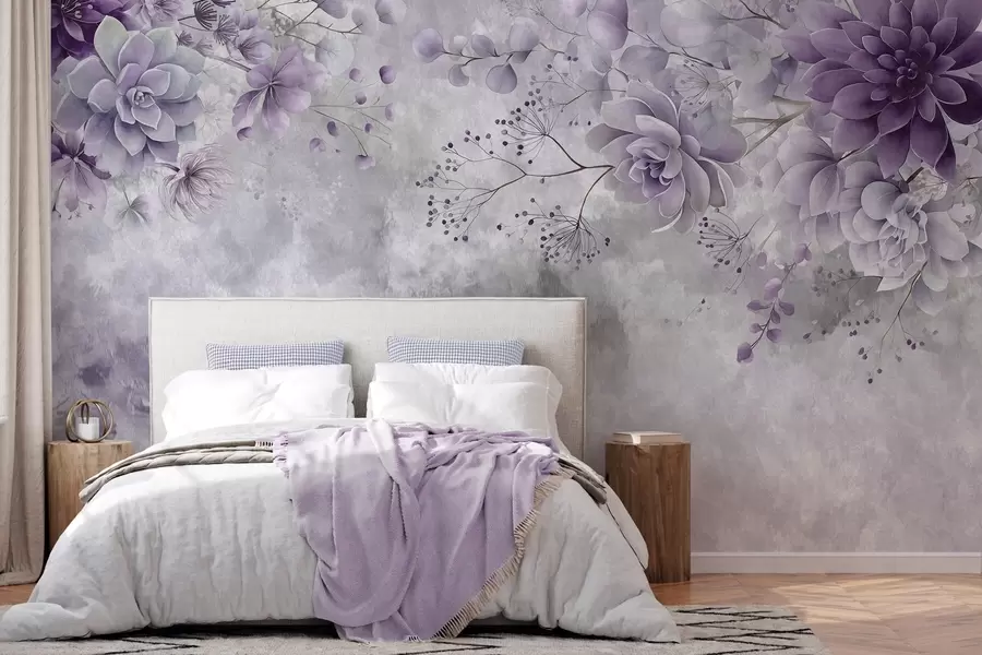 wall murals A top-down view of retro-style fantasy flowers, in shades of purple w05753v2