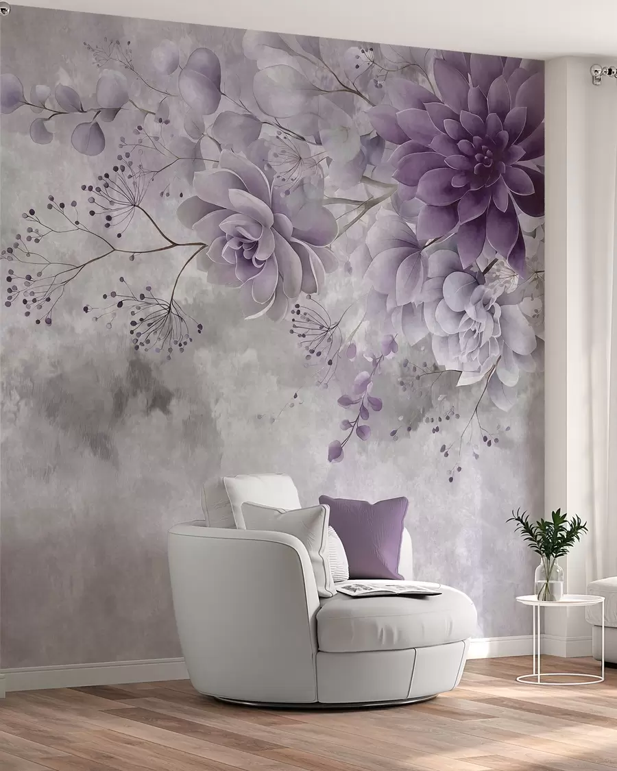 wall murals A top-down view of retro-style fantasy flowers, in shades of purple w05753v2