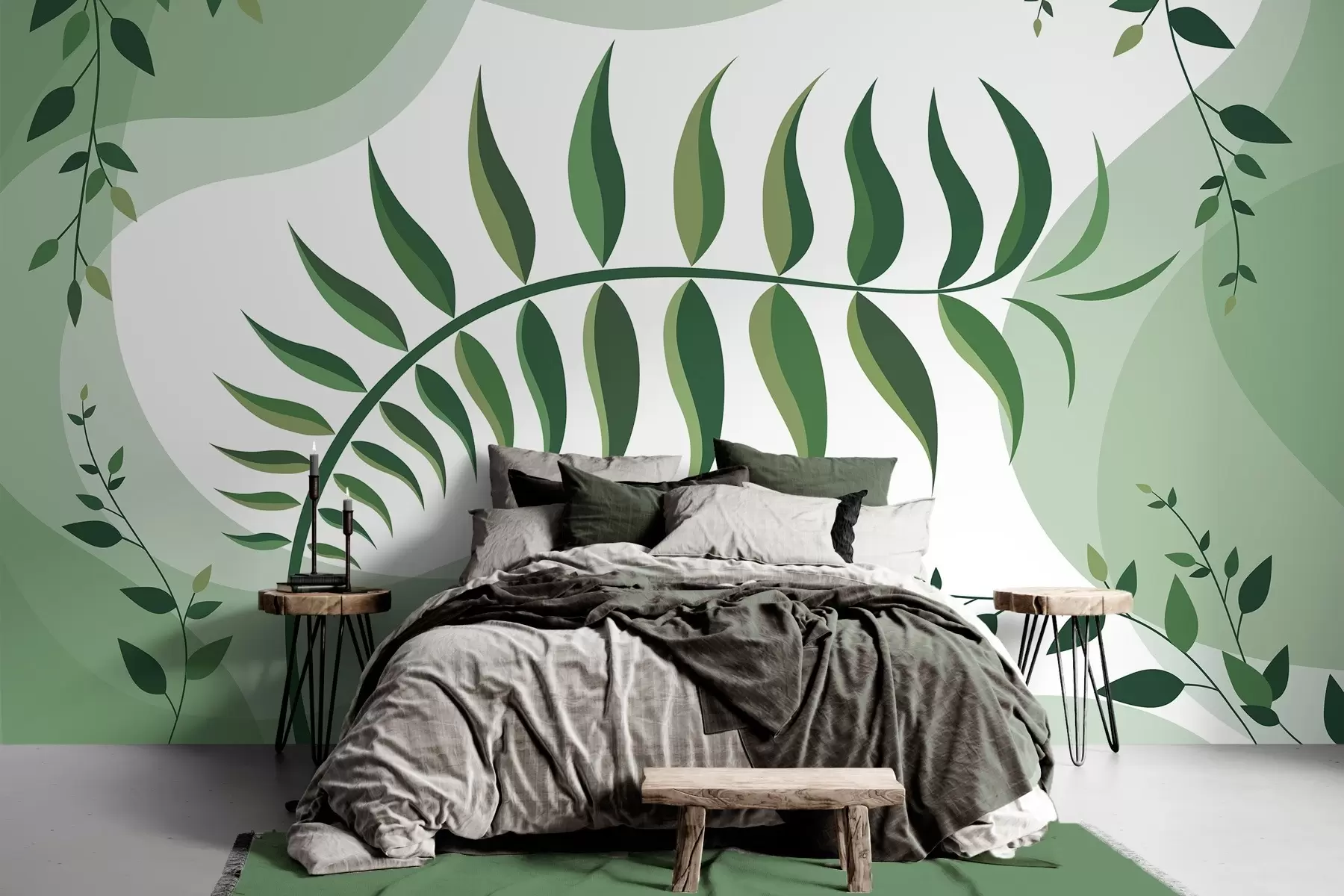 wall murals A curved fern leaf in shades of green w05756