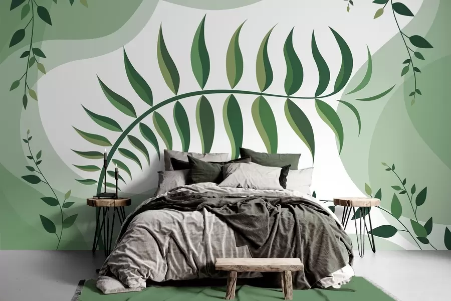 wall murals A curved fern leaf in shades of green w05756