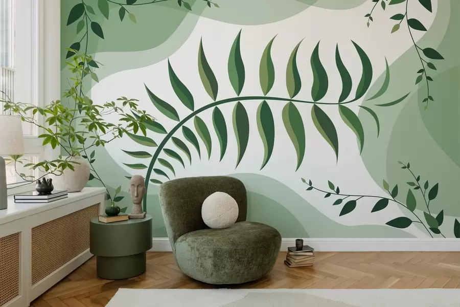 wall murals A curved fern leaf in shades of green w05756