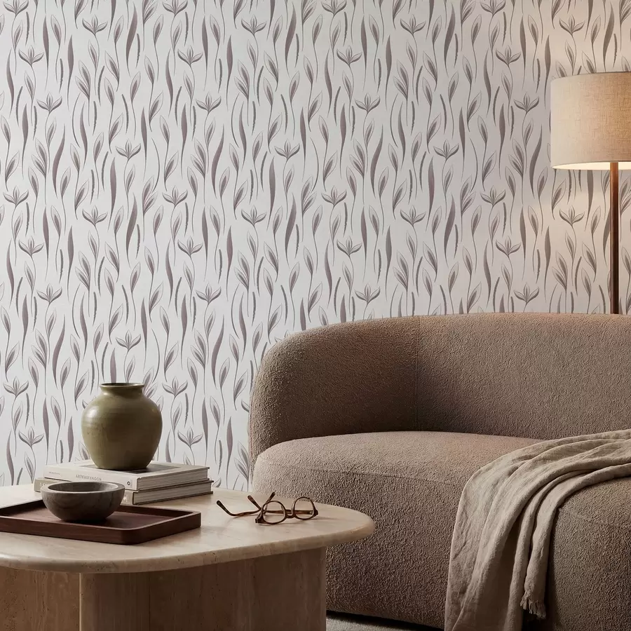 wall murals Stylized leafy stems in gray-beige tones a01230
