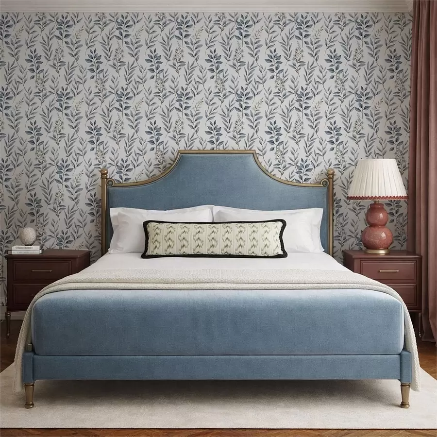 wall murals Blue foliage and small flowers on a white background a01231