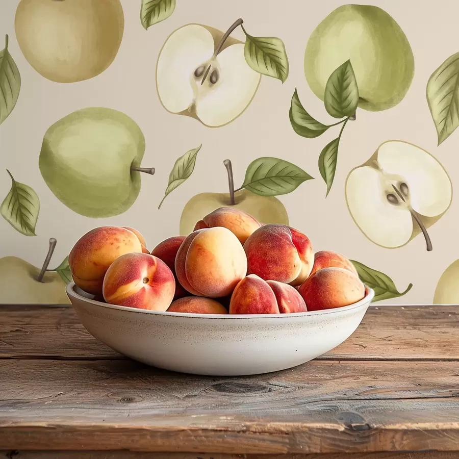 wall murals Green apples and leaves on a warm light background a01236v1