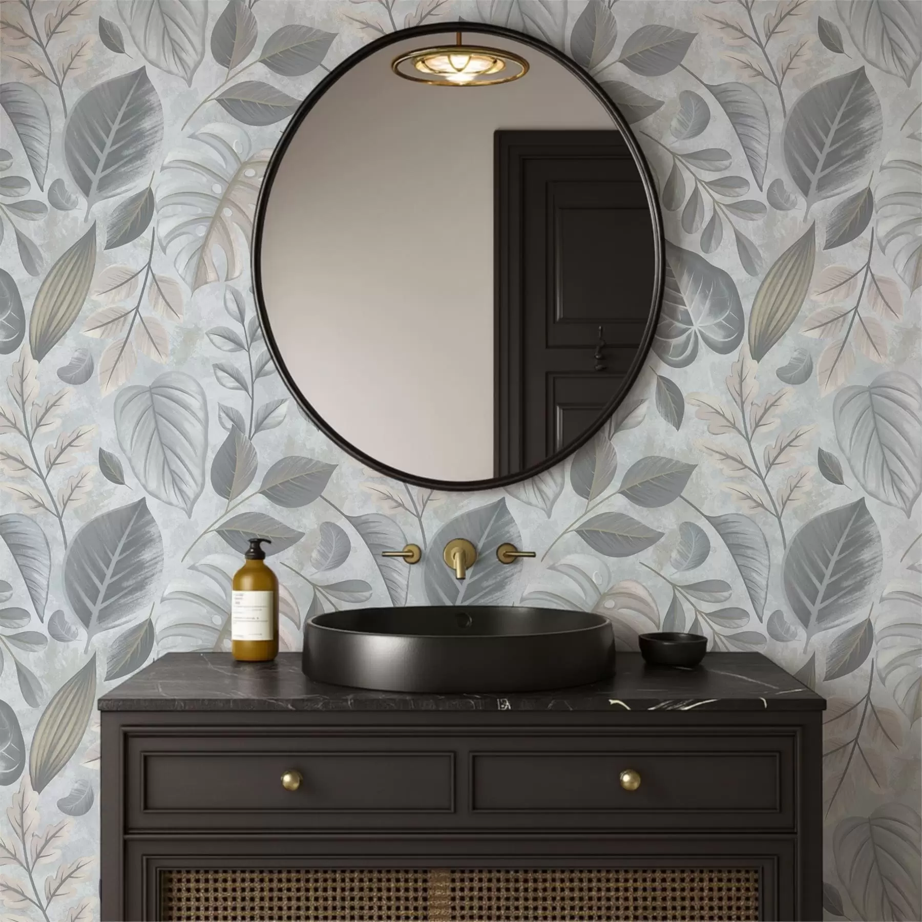 wall murals Large decorative foliage in blue-gray tones a01241