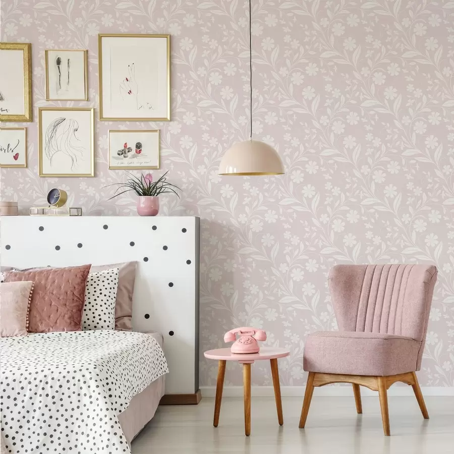 wall murals White flowers and vines on a soft pink background a01242v1
